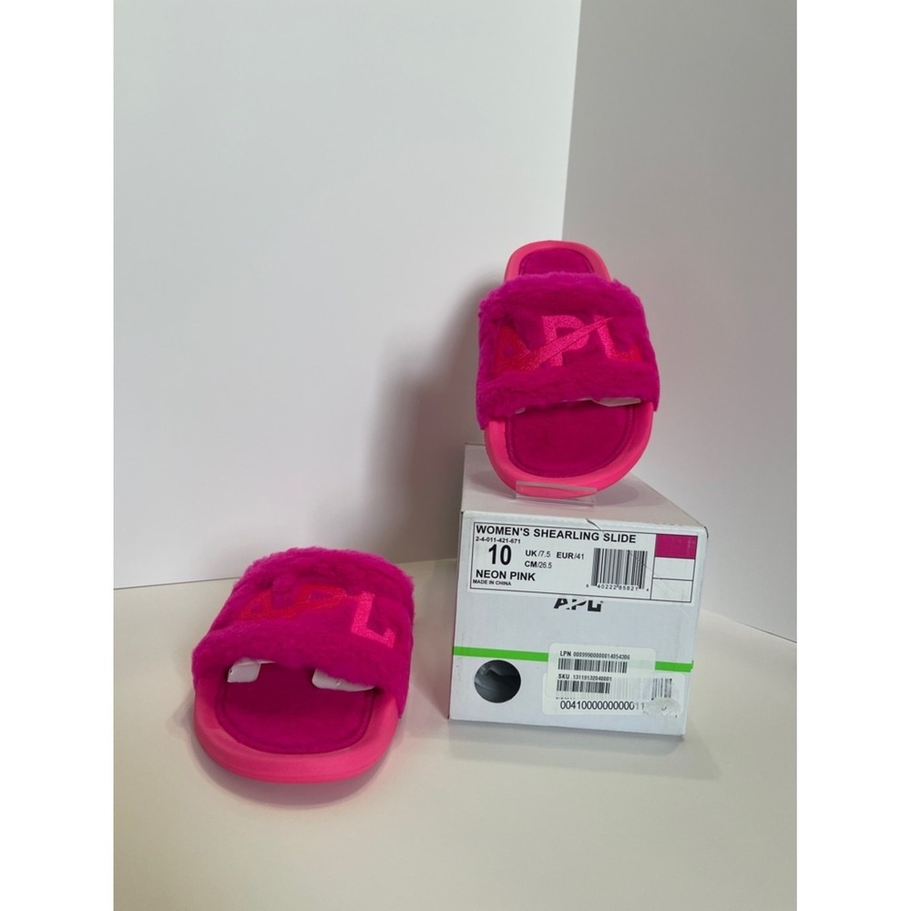 APL Women's‎ Shearling Slide Neon Pink Fuzzy Logo Sandals Size 10